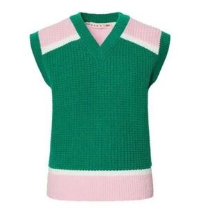 Marni x Uniqlo, Green Pink Wool Blend Waffle Knit Chunky Sweater Vest, Size XL